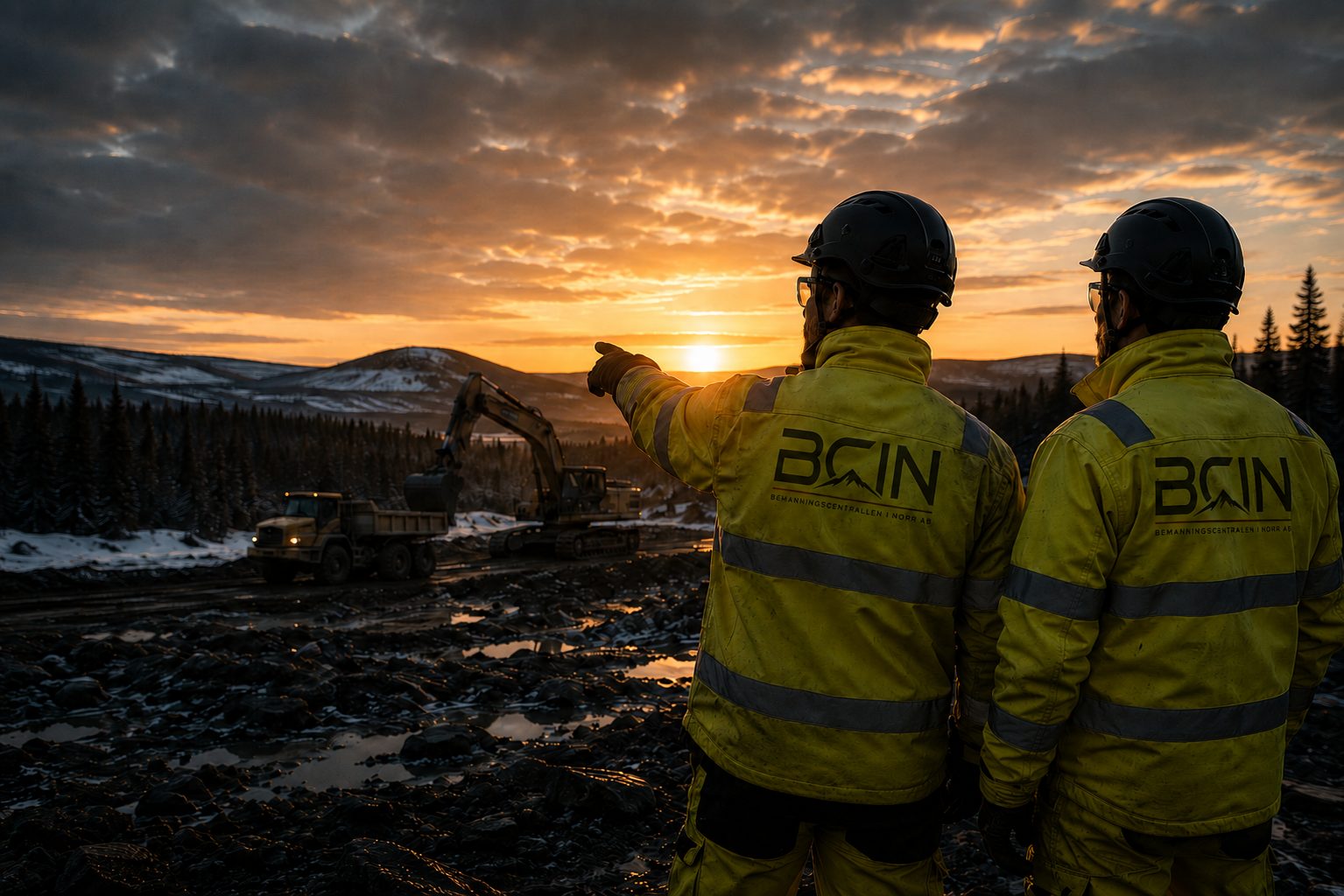 Två BCIN-medarbetare överblickar ett anläggningsprojekt i norrländsk kvällssol
