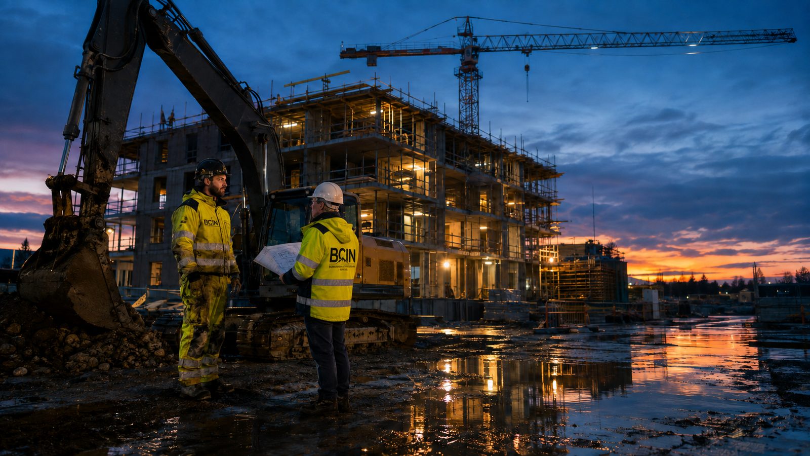 BCIN-personal på ett husbygge i skymningen