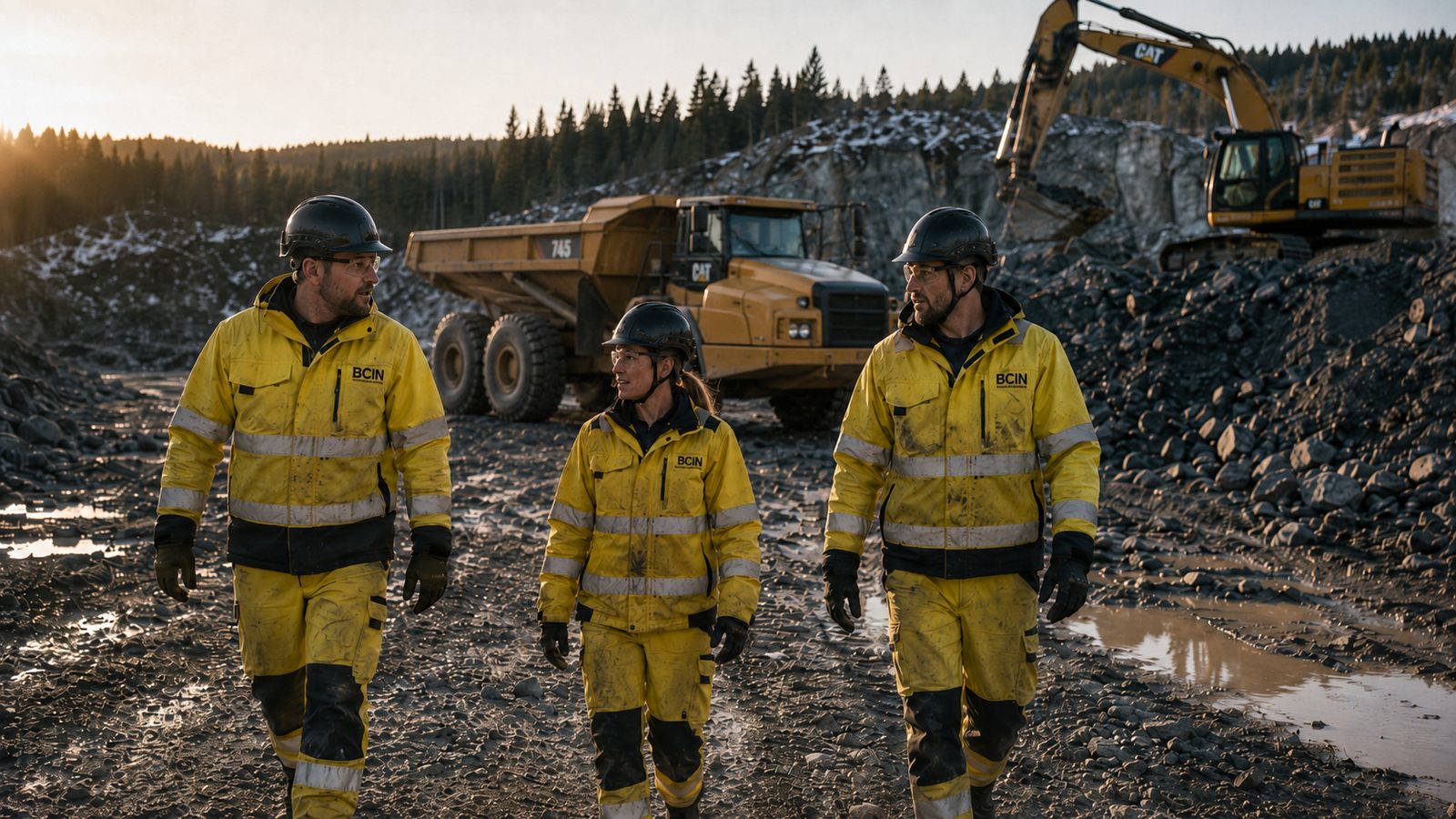 BCIN-personal i en bergtäkt med dumper och grävmaskin